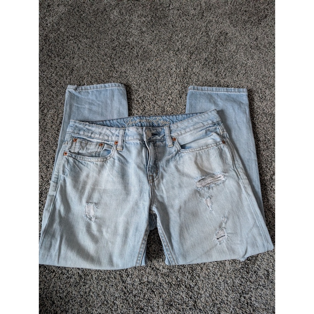 American Eagle‎ Light Wash Distressed Straight Leg Jeans Y2K Blue Denim Size 4
